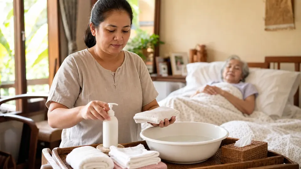 ผู้ดูแลเตรียมผ้านุ่ม อ่างน้ำ และอุปกรณ์ทำความสะอาดผิวแบบไม่มีตราสินค้า