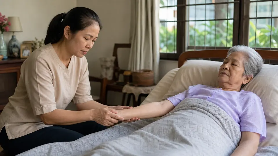ผู้ดูแลสังเกตผิวบริเวณท่อนแขนของผู้สูงอายุอย่างอ่อนโยน