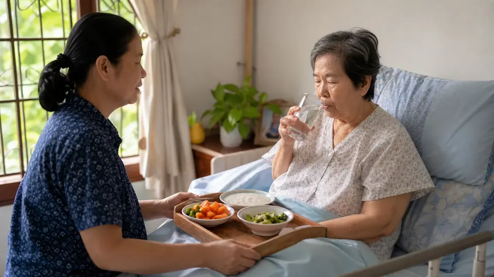 ผู้สูงอายุดื่มน้ำพร้อมรับประทานอาหารอ่อนและผักผลไม้