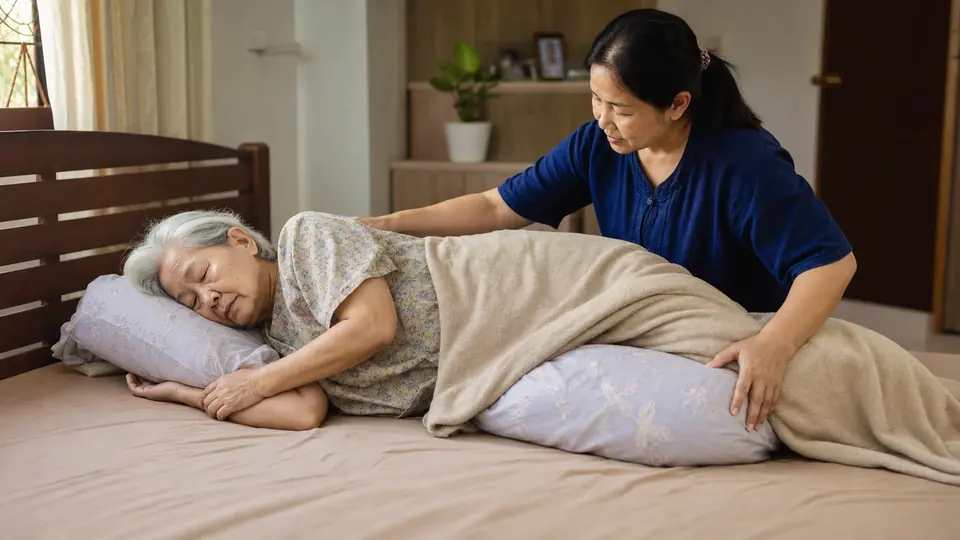 ผู้สูงอายุนอนตะแคงโดยมีหมอนรองหลังและระหว่างเข่า