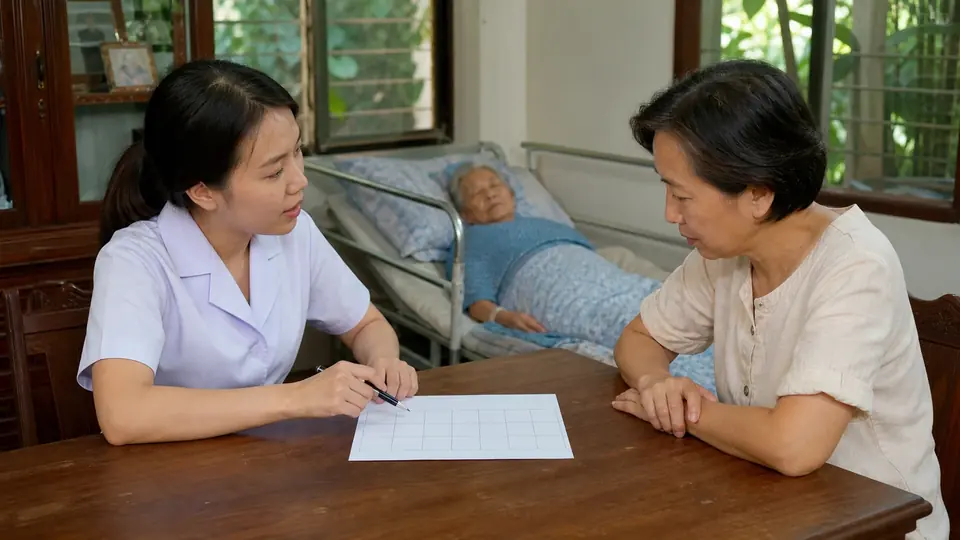บุคลากรสุขภาพให้คำปรึกษาผู้ดูแลโดยไม่มีผลิตภัณฑ์หรือฉลากยาในภาพ